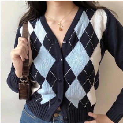 XIAOZHAINV Cardigan Rajut Wanita Korean style Kotak-Kotak Lengan Panjang HW0061