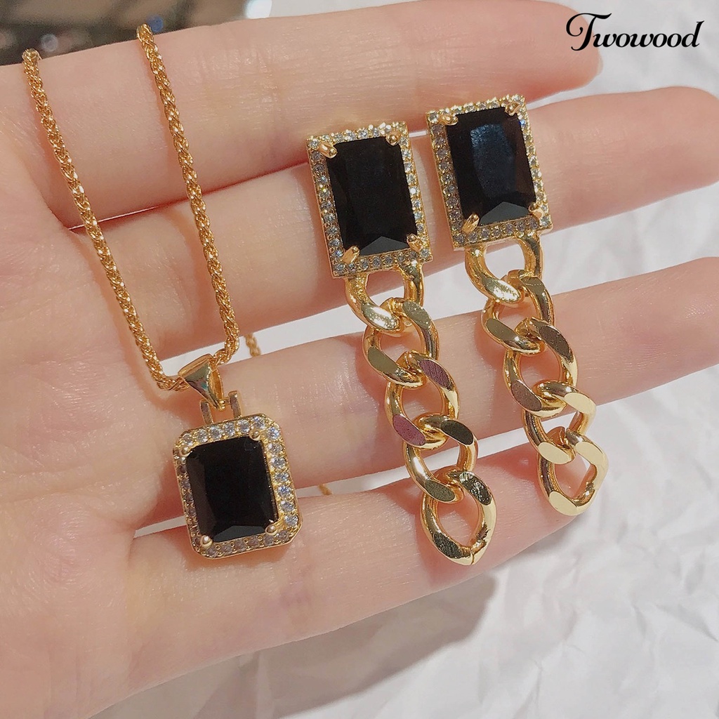 Twowood Pendant Necklace Vintage Shiny Frame Chain Style Trendy Jewelry Drop Earrings Necklace for Dating