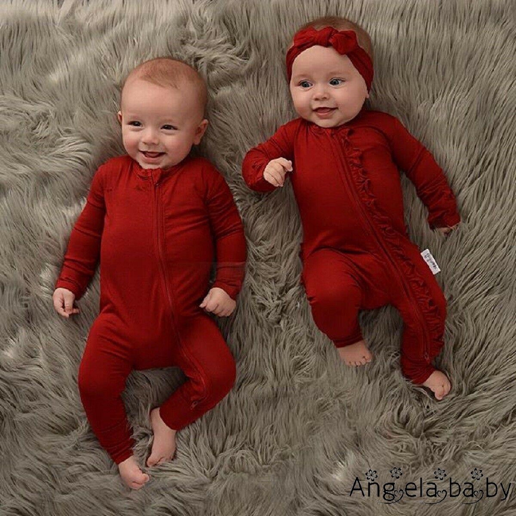 ღ Baby Boys Girls One Piece Cotton Pajamas Jumpsuit Burgundy Lace Zip Up One Piece Romper Outfits Shopee Indonesia