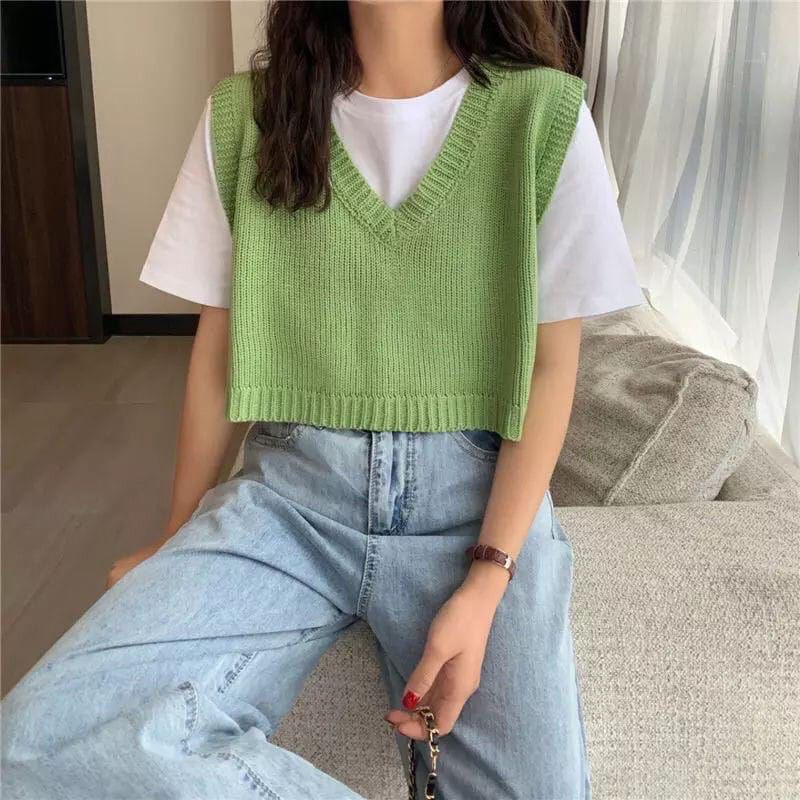 FX SHOP ROMPI CROP RAJUT / KNIT CROP VEST / VNECK CROP / FUCHIA VNECK