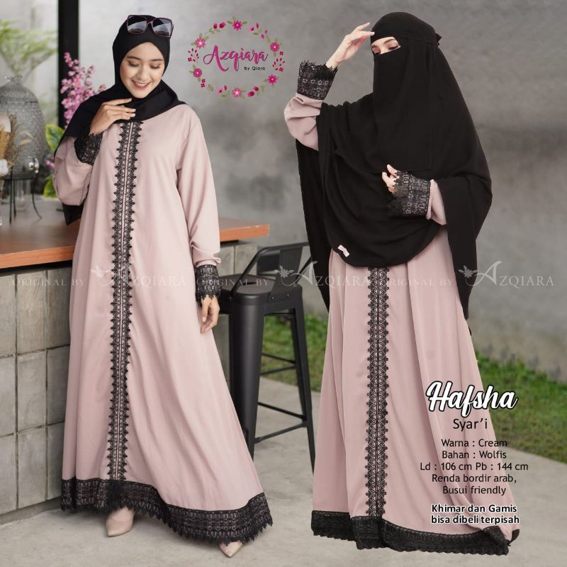 Gamis Renda Bordir Gamis Hafsya Syari Set Khimar Plus Cadar LD 106 Panjang 144 Busui Friendly