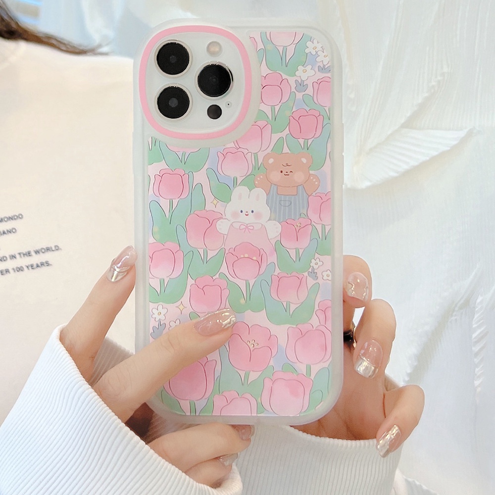 Casing Tpu iPhone 11 7 + 8 + Xr xs Max 13 12 Pro Max 11 xs Shockproof Motif Beruang Bunga Pink