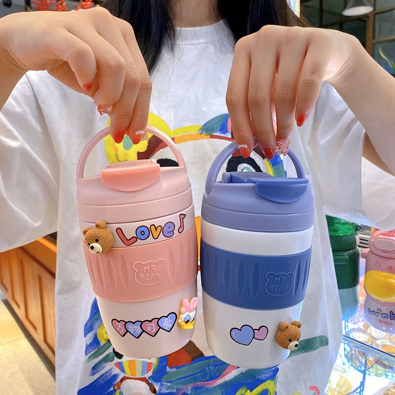 Kawaii Bear Thermal Cup Coffee Mug Portable Stainless Steel Anak Sedotan Botol Air Anak Perempuan Termos Lucu Perut Besar Double Minum