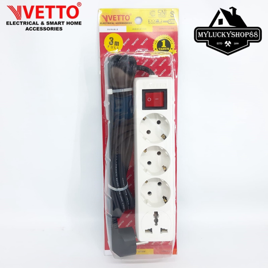 Vetto Stop Kontak 4 Lubang 3 Meter Full Universal SNI V8204+TB 3M