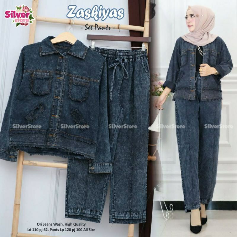 SETELAN WANITA /STELAN JEANS/HIGH QUALITY/ VESTI SET/VEST SET/ZASKIYAS SET/JUJU SET/ONE SET-Zaskiyas hitam