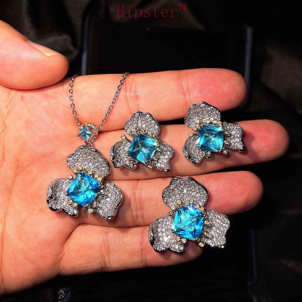 High-End Flower Dignified Generous Style Fashion Sapphire Ring High-Grade Necklace Set