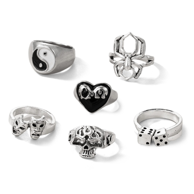 Fancyqube 6pcs / Set Cincin Model Terbuka Desain Hati Sayap Kupu-Kupu Tengkorak Gaya Punk Gothic Untuk Pria Dan Wanita