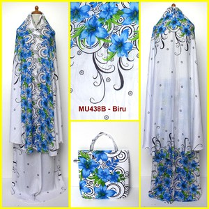 Mukena Bali Putih Motif Bunga Sepatu Size Semi Jumbo MU438B Biru