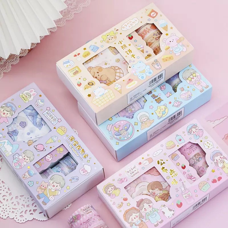 READY STOCK FANCY STICKER + WASHI TAPE BOX SET AESTHETIC LOVELY PINK KAWAII KIYOWO SELOTIP MOTIF LUCU WARNA WARNI CEWEK COWOK VIRAL TIKTOK ANAK PEREMPUAN REMAJA KOREA HP SCRAPBOOK JURNAL DIARY DEKORASI BUKU CATATAN DESAIN HEWAN DECO HADIAH ULANG TAHUN