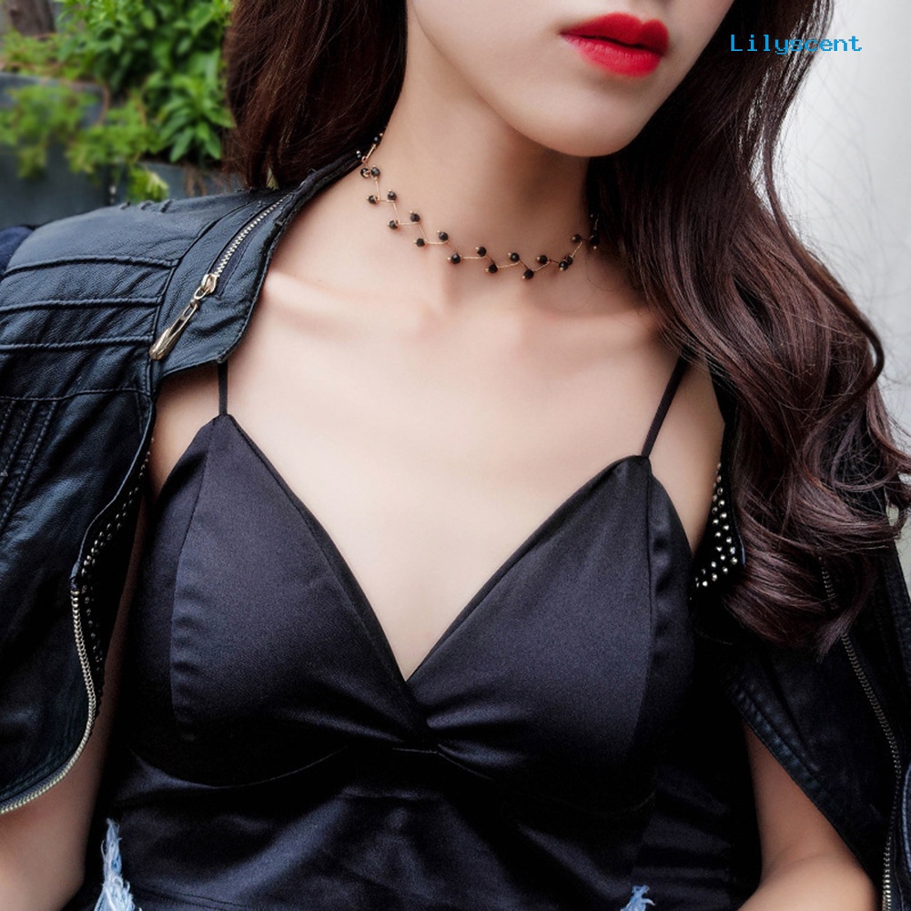 Kalung Choker Rantai Pendek Aksen Manik-Manik Gelombang Warna Hitam Untuk Wanita