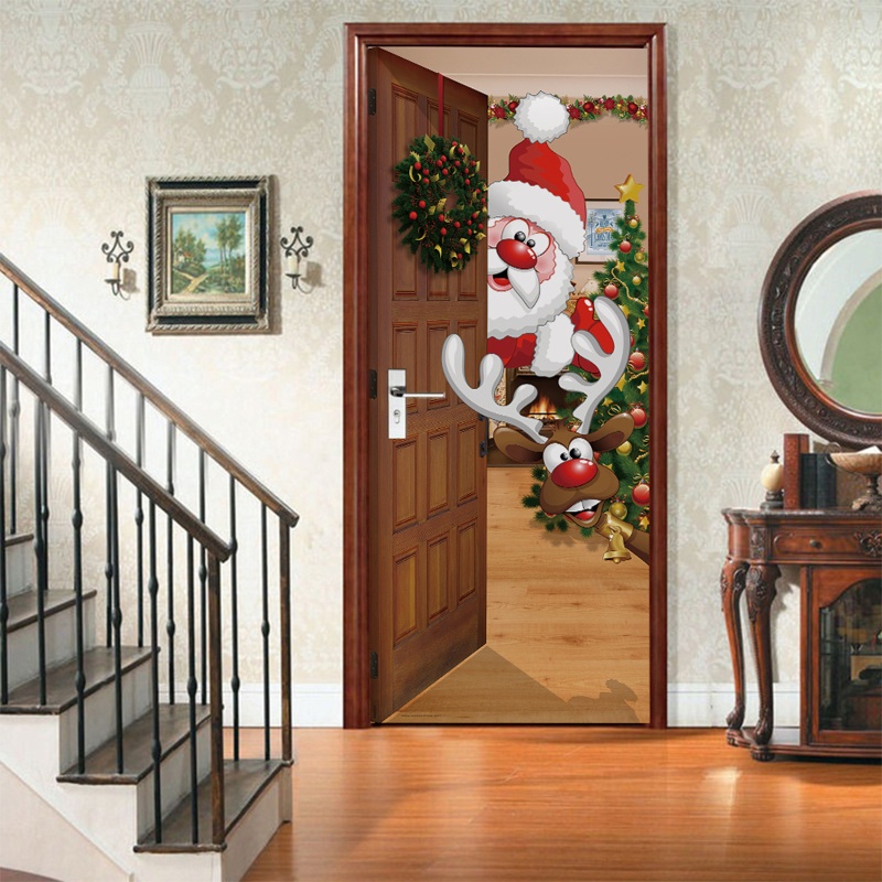 Zzz 2pcs / set Stiker Dinding / Pintu / Kulkas Motif Santa Claus / Rusa Natal 3D Anti Air Untuk Dekorasi