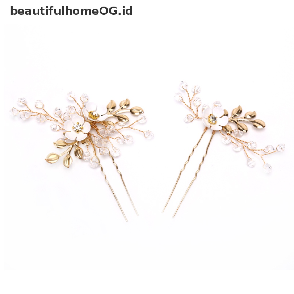 2 Pcs Jepit Rambut Handmade Bentuk Bunga Daun Emas Aksen Berlian Imitasi Untuk Pengantin