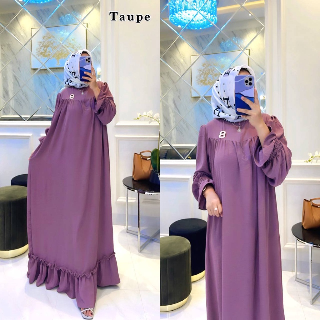 Shella Saukia Gamis Wanita Crinkle Airflow Import Dress Jumbo Lengan Panjang Karet Baju Wanita Kekinian LD 130 cm