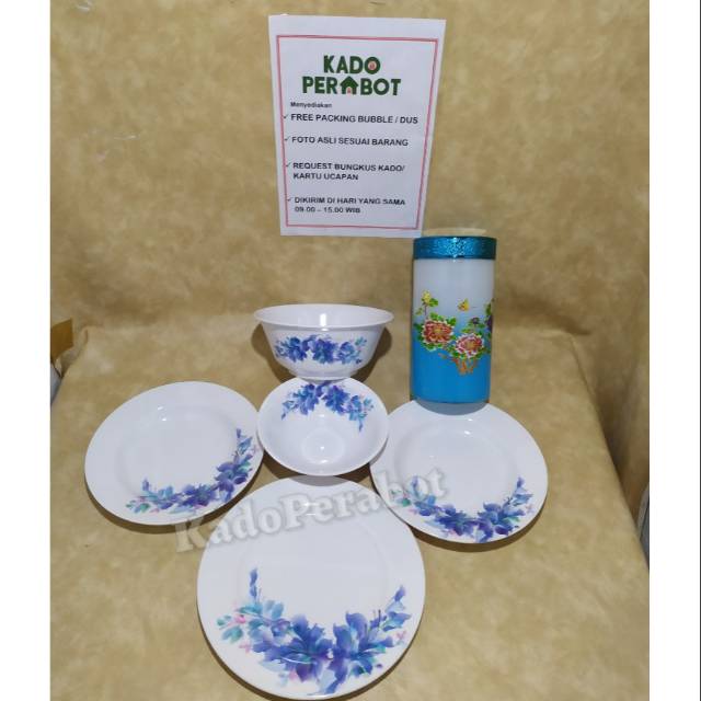 Piring kembang biru set FREE toples kaca - piring mangkok set motif O3 biru