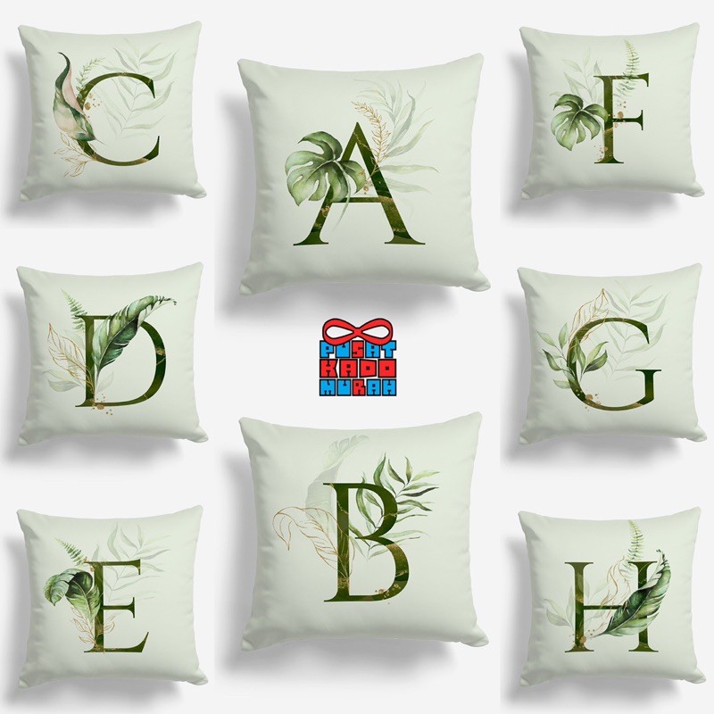 Bantal Sofa Print Motif Alphabet Huruf A-Z Motif Daun Leaves 40x40 cm - PUSAT KADO MURAH