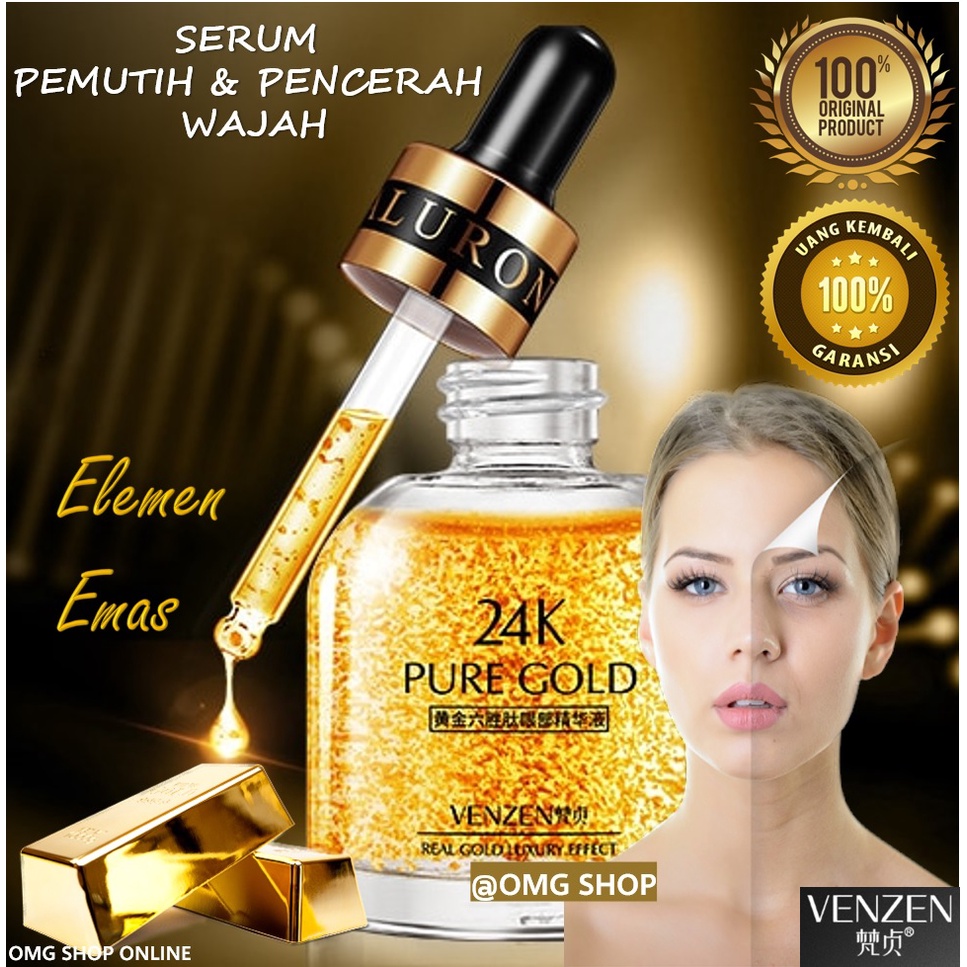 Serum Glowing Wajah Venzen 24k Pure Gold Original / Serum Pemutih Wajah Korea 99% Pure 24k Ampoule 30 ml / Serum Emas Masker Wajah Korea / Masker Organik Skincare Kosmetik Wanita Anti Flek Hitam Komedo dan Jerawat Serum Muka Emas Alami