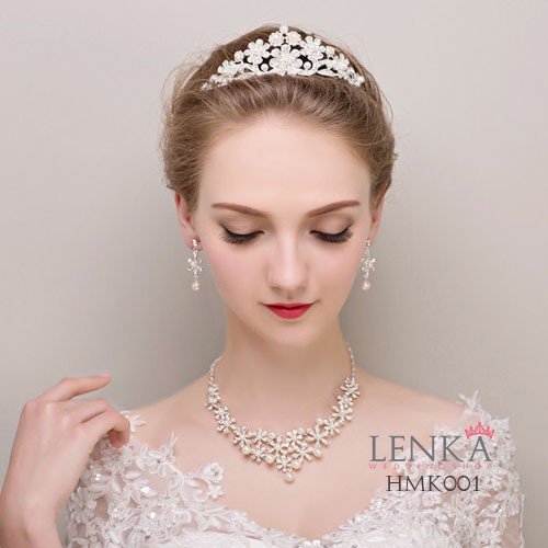 Paket Mahkota Kalung Anting Mutiara Aksesoris Wedding Modern Lenka - HMK001