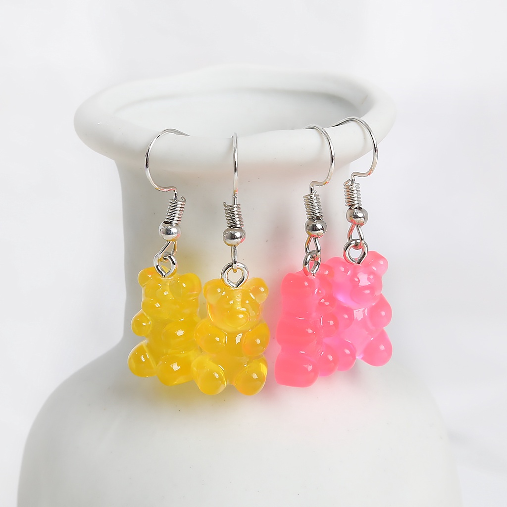 Anting Kait Menjuntai Desain Beruang Polikromatik Bahan Akrilik Warna Permen Jelly Untuk Wanita