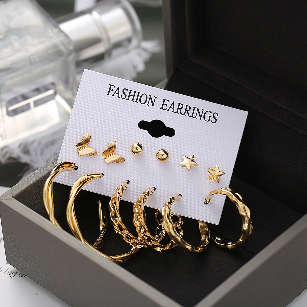 6 Pasang / Set Anting Tusuk Desain Kupu-Kupu / Bintang / Bulan / Geometri Hias Mutiara / Berlian Gaya Korea