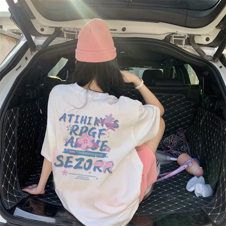 baju atasan wanita korean style/atasan/atasan hitam/atasan wanita warna putih/oversize/Atasan hitam lengan pendek retro longgar gaya korea sederhana