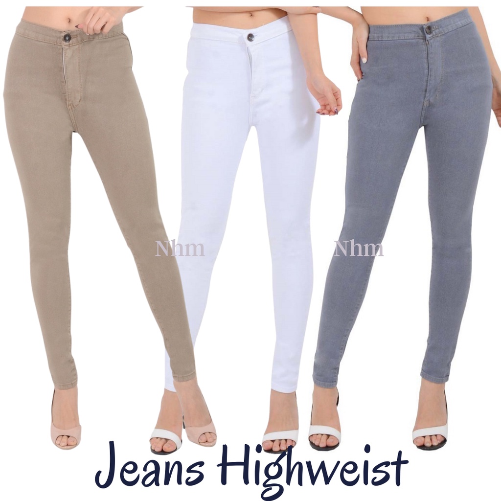 NHM HW Jeans Gray Keziya, Celana Highwaist Jeans Bahan Tebal