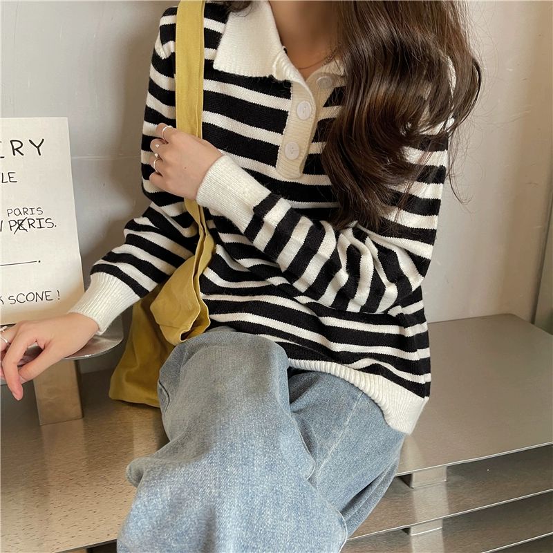 Polo Stripes Knit Import - Atasan Polo Rajut Wanita - Korean Polo Knit TM (51047)