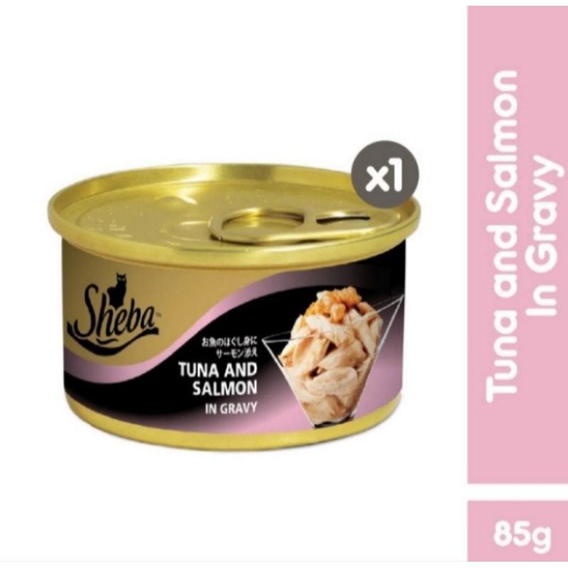 sheba tuna and salmon in gravy 85g  - makanan basah kaleng 85g