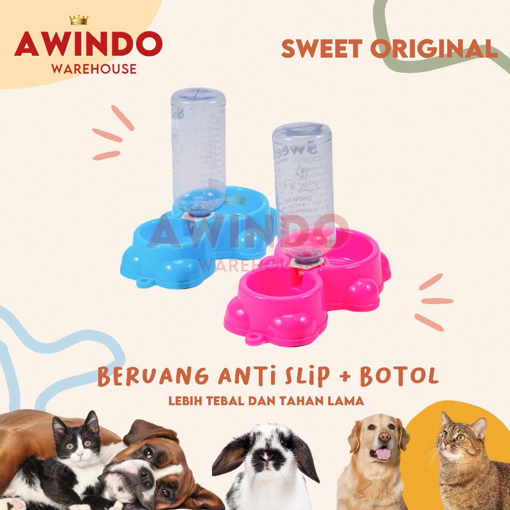 PLATE BERUANG + BOTOL - Tempat Piring Pakan Makan Minum Anjing Kucing Kelinci Anti Slip