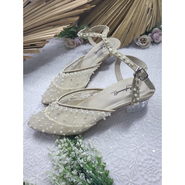 RaFaiZoutfit-reyna  sepatu wedding wanita sepatu cantik hells cream tali tinggi 3cm kaca