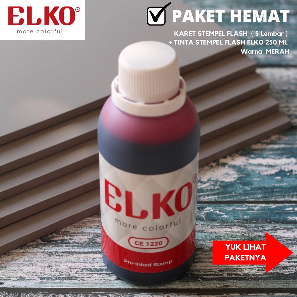 

Karet Stempel Flash 15x33x7 / (5 Lembar) + Tinta Stempel Flash ELKO 250 ML Warna MERAH