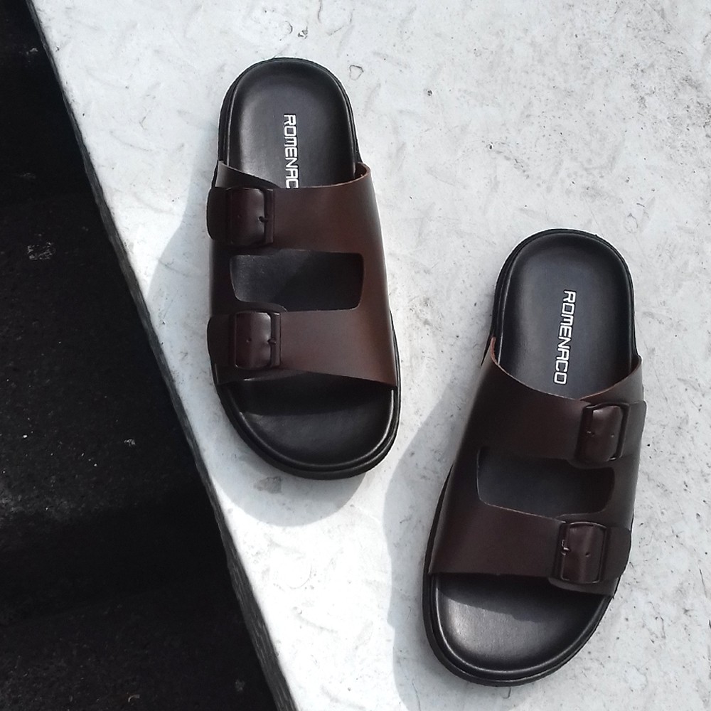 Sandal Pria Romenaco R002 Black Brown Upper Kulit Sapi Kolektif Asli