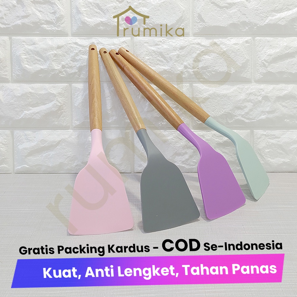 Jual Spatula Gagang Kayu / Sutil Sendok Goreng Silikon Tahan Panas 32