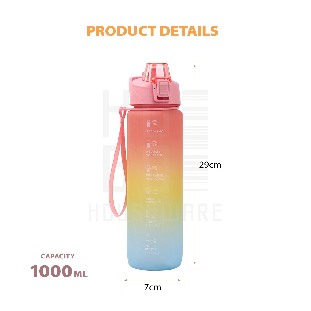 Botol Minum Motivasi Tutup Flip 1 Liter Rainbow Gratis Stiker HUGO