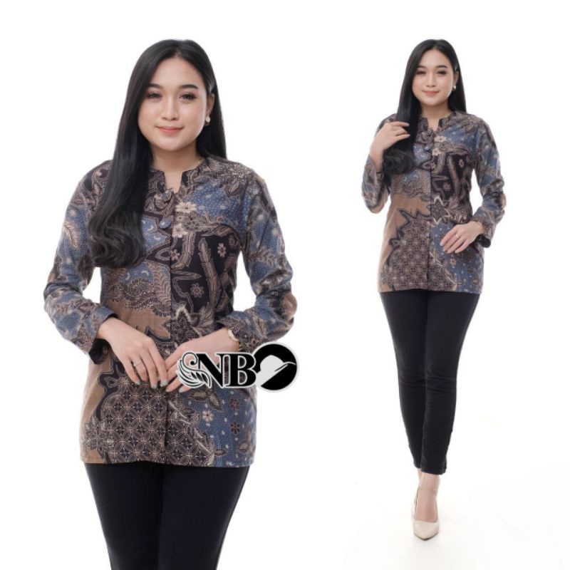 COUPLE BATIK TERBARU ATASAN BATIK WANITA LENGAN PANJANG KANCING DEPAN MOTIF KOIN BIRU