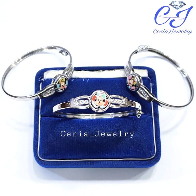 Gelang Perak Anak Asli Silver 925 Lapis Emas Putih Model Bangle Karateker Mickey - Perhiasan Anak