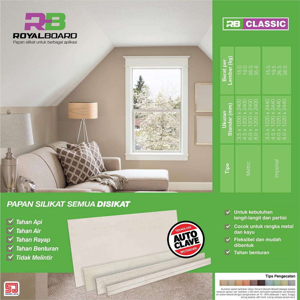 Royalboard Classic Metric Papan GRC Fiber Cement Silikat / Plafon langit-langit / Papan Dinding Partisi / Sekat