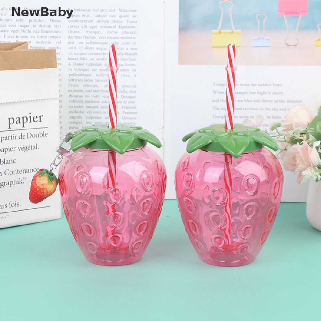 NewBaby Summer Cartoon Strawberry Straw Cup Plastic Cup Lovely Girl Portable Water Cup ID