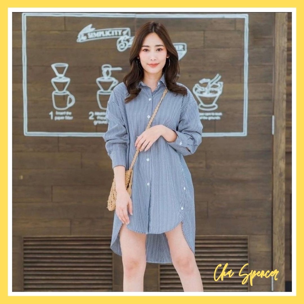 Baju Atasan Tunik Salur Button Sidney Wanita Remaja Modern Terlaris Trend Kekinian Murah Model Terba