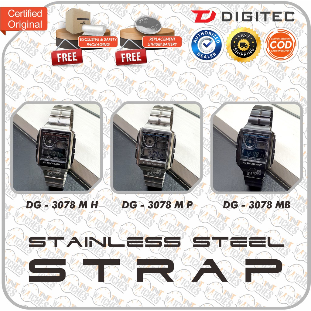 Jam Tangan DIGITEC DG-3078 / DG 3078 / DG3078 Watch World Time Stainless Steel Rantai ORIGINAL