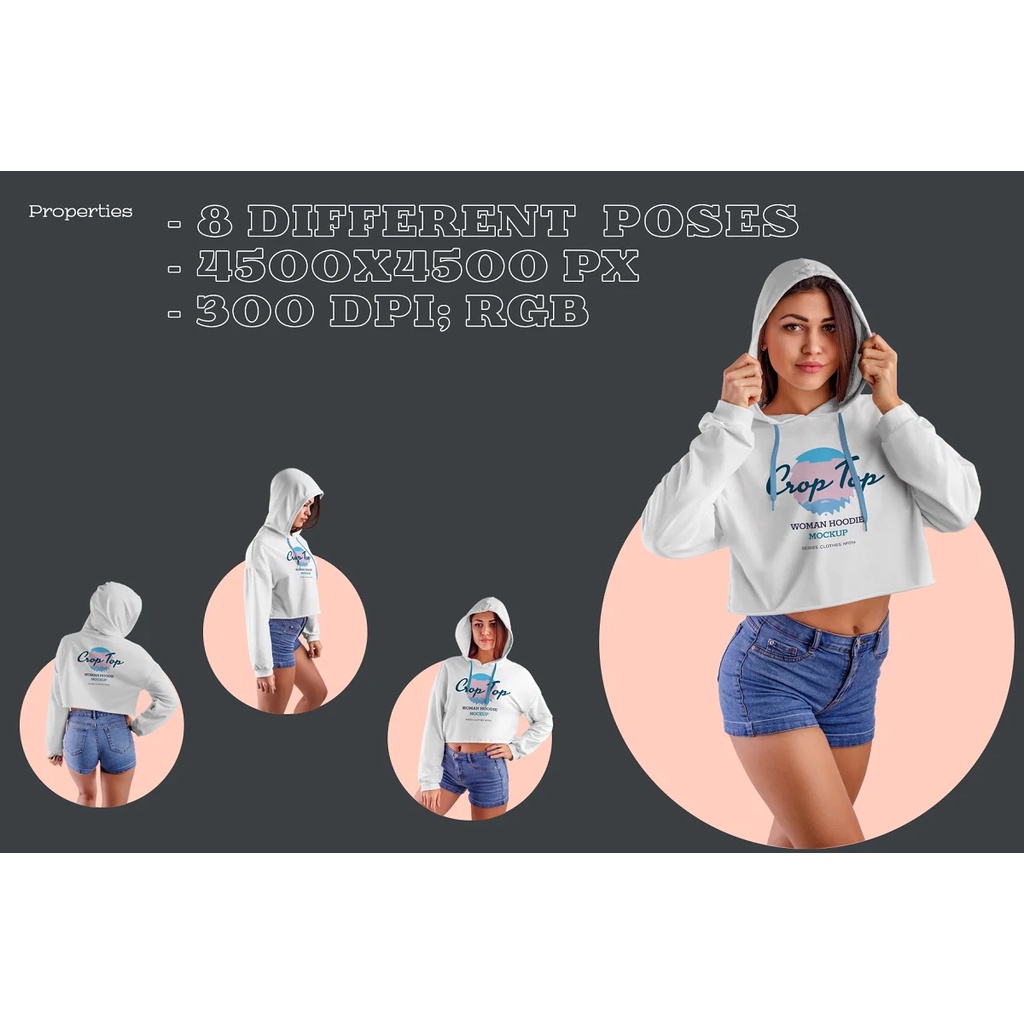 8 Women Crop Top Hoodie Mockups