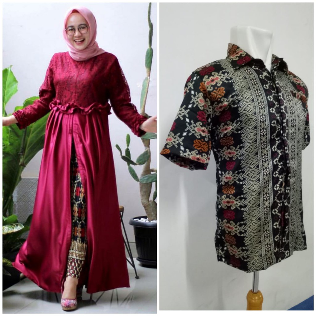 Couple gamis rosmi rok instan plisket wanita dan kemeja batik Pria