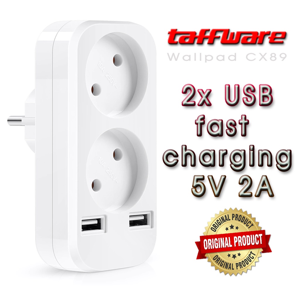 Taffware CX89 Charger HP Fast Charging USB 2x2A 5V plus Segitiga Listrik Stop Kontak travel dan bepergian berbagi sumber listrik Travel Charger fast Charging USB 2A TypeC Type-C MicroUSB Micro USB Handphone Laptop Android IOS EU Plug Listrik PLN 220V