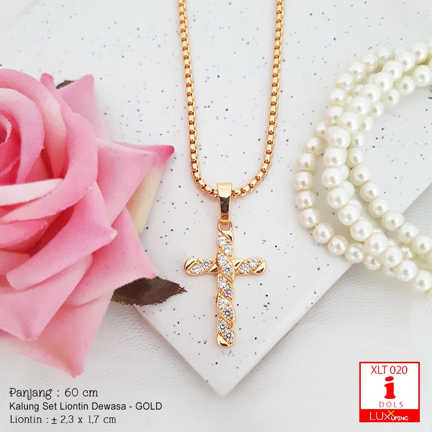 XLT 020 Kalung Salib Panjang 60 cm Liontin Kristen Katolik Rohani Corpus Tubuh Yesus Rosario Permata Sirkon Luxx Xuping