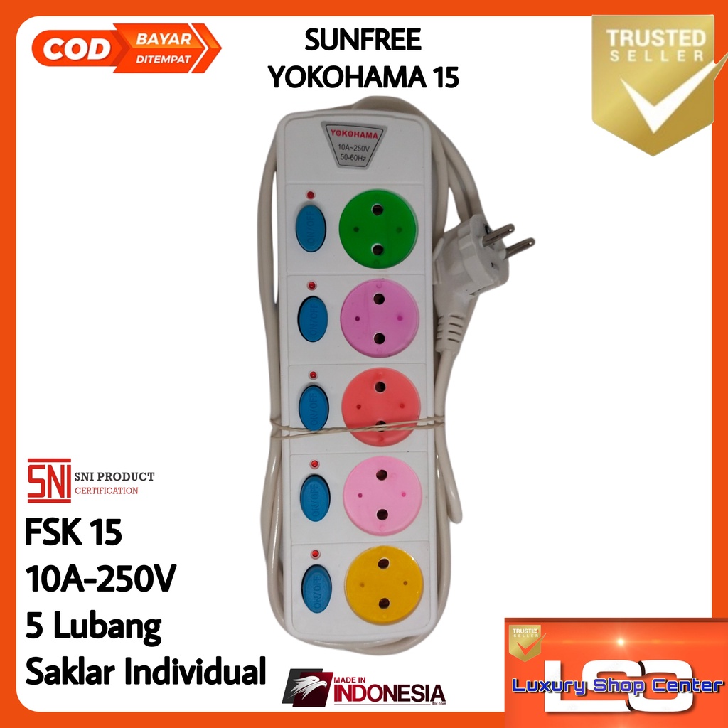 Stop Kontak saklar SUNFREE YOKOHAMA 13,14,15 Stop kontak 3, 4, 5 lubang + saklar individual, kabel colokan 1.8meter Ber-SNI