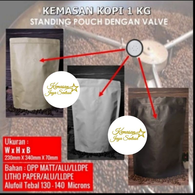 Kemasan Kopi Standing Pouch 1 kg zipper n valve. kemasan kopi. kemasan