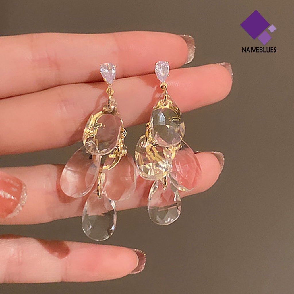 1 Pasang Anting Tusuk Gantung Bentuk Geometri Hias Kristal Imitasi Transparan Untuk Wanita