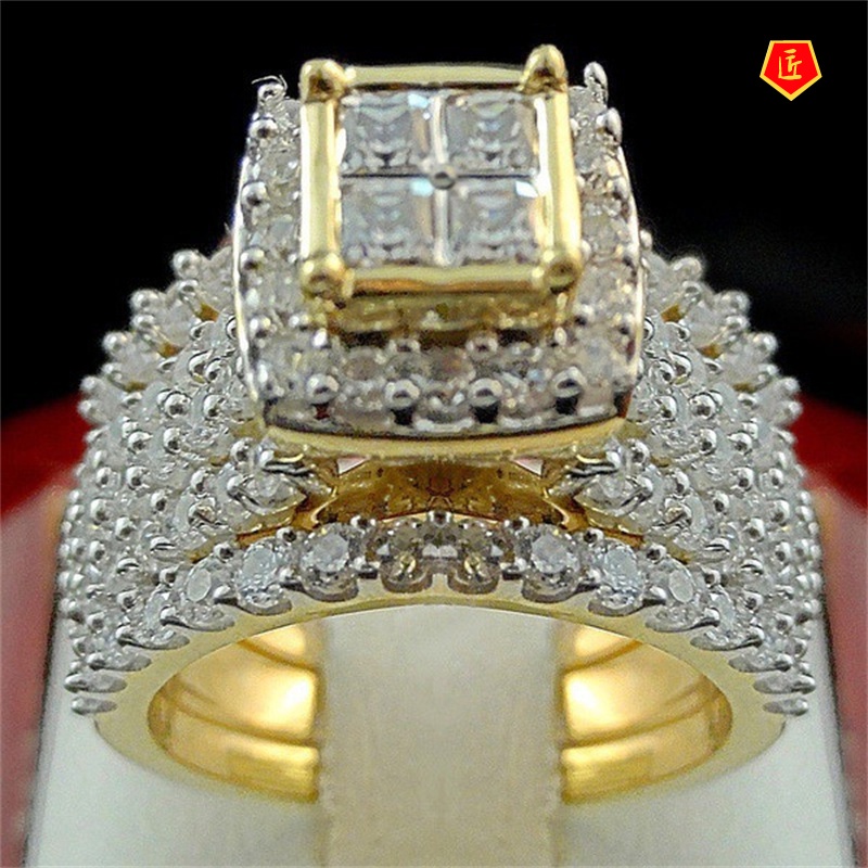 [Ready Stock]18K Gold Full Diamond Square Diamond Ring Luxury 2-Piece Set