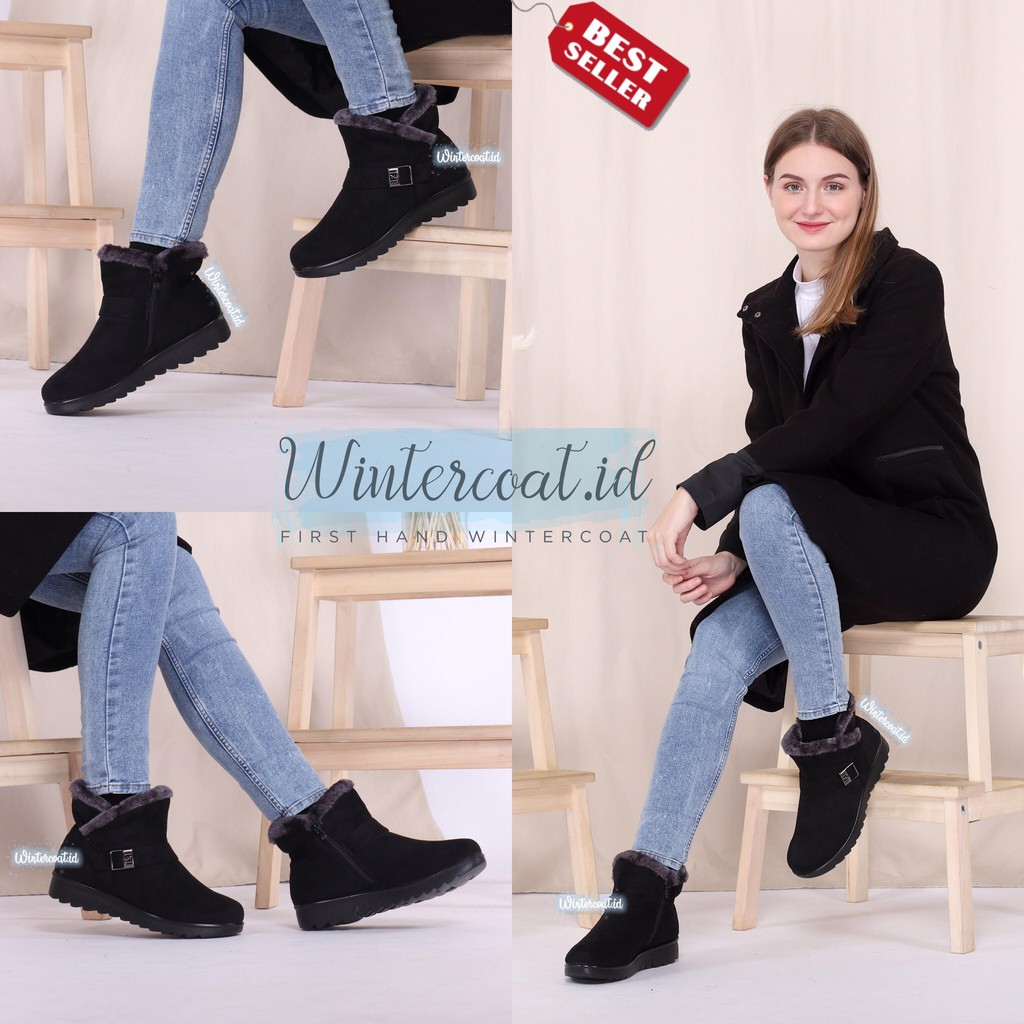 Boots winter wanita import  sepatu musim dingin hangat bulu murah black hitam empuk Fitri