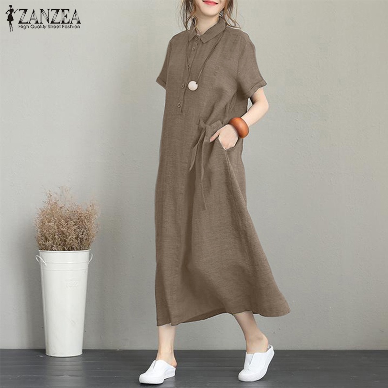 ZANZEA Womens Retro Short Sleeve Buttons Down Baggy Maxi Dress