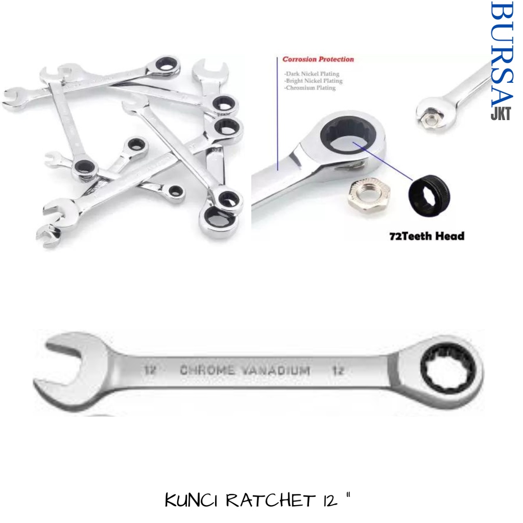 KUNCI RATCHET WRENCH / KUNCI RING PAS BOLAK BALIK 2IN1 12 MM